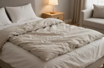 A cozy bedroom scene with a neatly made bed featuring a weighted blanket in a soft, neutral color. The blanket should be partially folded back to show the texture and thickness. The room should have warm lighting, a nightstand with a small lamp, and a comfortable chair or couch nearby. The overall atmosphere should be inviting and relaxing, emphasizing the comfort and benefits of using a weighted blanket.