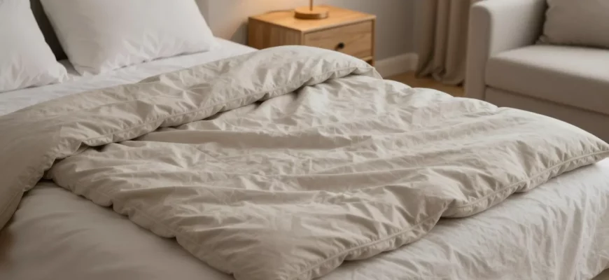 A cozy bedroom scene with a neatly made bed featuring a weighted blanket in a soft, neutral color. The blanket should be partially folded back to show the texture and thickness. The room should have warm lighting, a nightstand with a small lamp, and a comfortable chair or couch nearby. The overall atmosphere should be inviting and relaxing, emphasizing the comfort and benefits of using a weighted blanket.