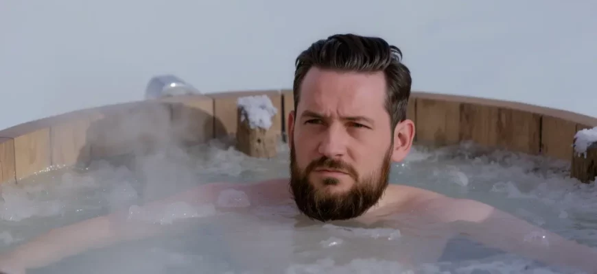 A man with a beard is immersed in a cold plunge tub outdoors. The tub is made of wood and is surrounded by a snowy landscape. Steam is rising from the water. He has a look of determination on his face. Focus on the man and the tub.