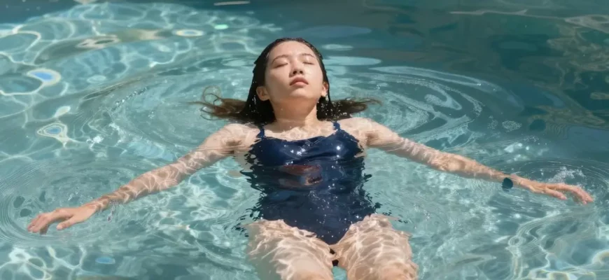 A person taking a cold plunge in a clear, outdoor pool on a sunny day. The person is wearing a swimsuit and appears refreshed and invigorated. The water is crystal clear, and sunlight reflects off the surface. Lush green plants surround the pool.