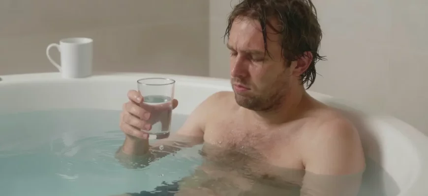 A person with disheveled hair and a slightly pale complexion, looking relieved, stepping into a crystal-clear ice-filled plunge pool surrounded by frosty steam. The scene includes subtle hints of a morning setting, like a dimly lit bathroom with a towel rack and a glass of water on a nearby shelf, emphasizing the contrast between the cold water and the hangover relief. The focus is on the refreshing immersion and the scientific, health-oriented atmosphere.