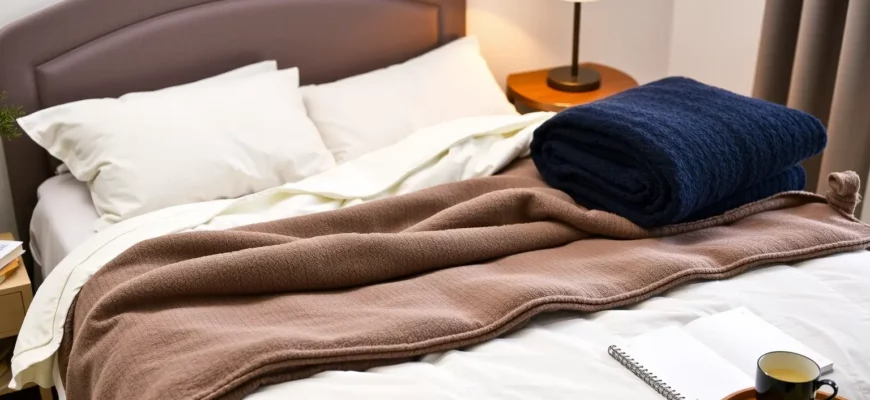 A cozy bedroom scene with a neatly made bed featuring a variety of weighted blankets in different colors and textures. The blankets should be folded and displayed prominently on the bed, with a soft, inviting light illuminating the room. Include a small side table with a cup of tea and a book to suggest relaxation and comfort.