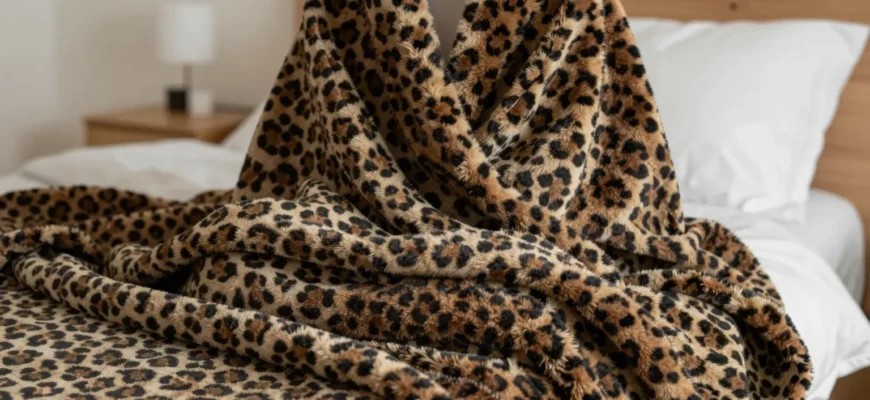 A cozy bedroom scene featuring a person wrapped in a stylish leopard print weighted blanket, soft ambient lighting, and a minimalist decor