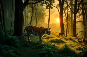 A majestic tiger walking through a lush, restored forest with dense green foliage, towering trees, and a variety of rewilded wildlife such as deer, birds, and insects. In the background, a subtle hint of a globe or world map silhouette to represent the global rewilding movement, with volunteers planting saplings and a sunrise casting warm light over the scene. The composition should convey hope, biodiversity, and the scale of conservation efforts.