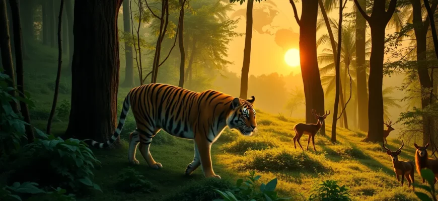 A majestic tiger walking through a lush, restored forest with dense green foliage, towering trees, and a variety of rewilded wildlife such as deer, birds, and insects. In the background, a subtle hint of a globe or world map silhouette to represent the global rewilding movement, with volunteers planting saplings and a sunrise casting warm light over the scene. The composition should convey hope, biodiversity, and the scale of conservation efforts.