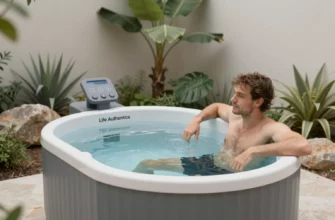 A detailed image of a Life Authentics cold plunge setup in a modern outdoor setting. Show the cold plunge tub filled with clear water, surrounded by lush greenery and natural elements like rocks and plants. Include a person standing nearby, looking relaxed and ready to use the cold plunge. The scene should convey a sense of tranquility and wellness.