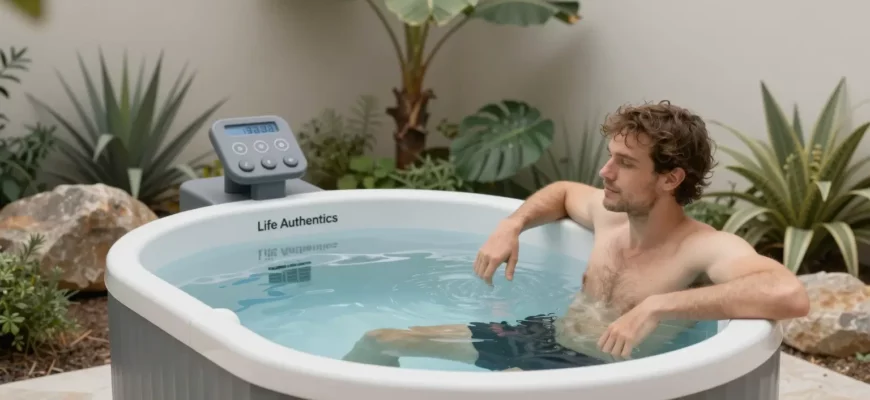 A detailed image of a Life Authentics cold plunge setup in a modern outdoor setting. Show the cold plunge tub filled with clear water, surrounded by lush greenery and natural elements like rocks and plants. Include a person standing nearby, looking relaxed and ready to use the cold plunge. The scene should convey a sense of tranquility and wellness.