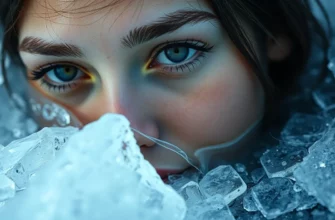 A close-up, photorealistic image of a woman's face partially submerged in ice water. Her expression is serene and focused. The water should be clear and show ice crystals. Soft, diffused lighting.