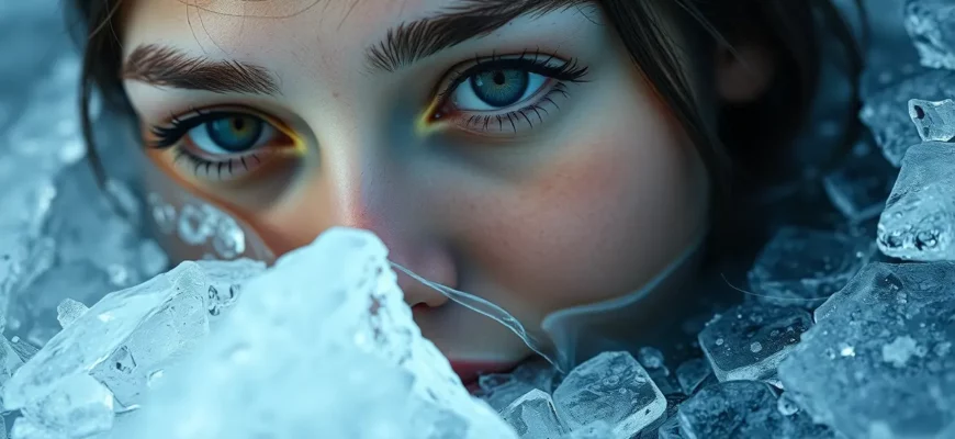 A close-up, photorealistic image of a woman's face partially submerged in ice water. Her expression is serene and focused. The water should be clear and show ice crystals. Soft, diffused lighting.