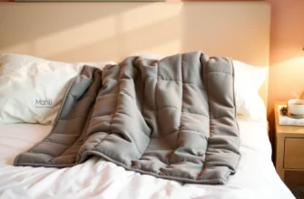 A cozy, well-lit bedroom scene featuring a neatly made bed with a Mahli weighted blanket draped over it. The blanket is thick, plush, and evenly weighted, showing subtle stitching details. Soft natural light filters through a nearby window, casting gentle shadows. A small nightstand with a simple lamp and a steaming mug of tea adds to the relaxing atmosphere. No text, logos, or people are present.