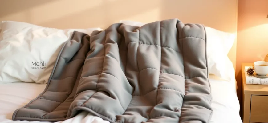 A cozy, well-lit bedroom scene featuring a neatly made bed with a Mahli weighted blanket draped over it. The blanket is thick, plush, and evenly weighted, showing subtle stitching details. Soft natural light filters through a nearby window, casting gentle shadows. A small nightstand with a simple lamp and a steaming mug of tea adds to the relaxing atmosphere. No text, logos, or people are present.