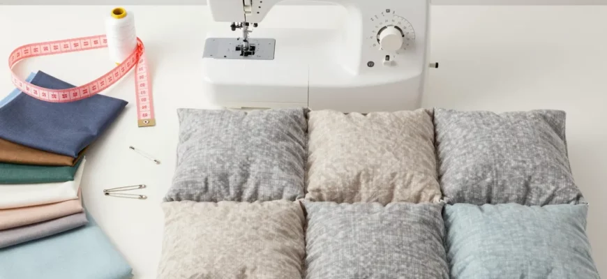 A detailed, flat lay photograph showcasing the process of making a weighted blanket. Include a sewing machine, fabric scraps (various colors and textures), a measuring tape, thread, safety pins, and a partially completed weighted blanket. The blanket should be in a neutral color palette (e.g., gray, beige, light blue). Focus on the tools and materials used in the sewing process.