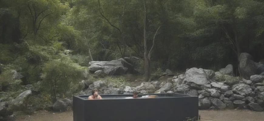 A modern, minimalist outdoor setting featuring a portable cold plunge tub filled with clear, icy water. The tub should be surrounded by lush greenery and natural elements like stones and wood. A person is shown standing near the tub, looking relaxed and refreshed. The scene should convey a sense of tranquility and wellness.