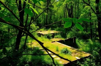 A lush green forest with a few scattered, decaying structures (old buildings, fences) partially overgrown by vegetation. The scene should convey a sense of nature reclaiming abandoned human constructions. Focus on the contrast between the vibrant, thriving forest and the crumbling remnants of civilization. Sunlight filters through the leaves, illuminating patches of the forest floor.