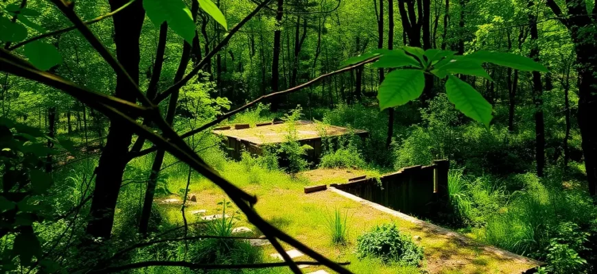 A lush green forest with a few scattered, decaying structures (old buildings, fences) partially overgrown by vegetation. The scene should convey a sense of nature reclaiming abandoned human constructions. Focus on the contrast between the vibrant, thriving forest and the crumbling remnants of civilization. Sunlight filters through the leaves, illuminating patches of the forest floor.