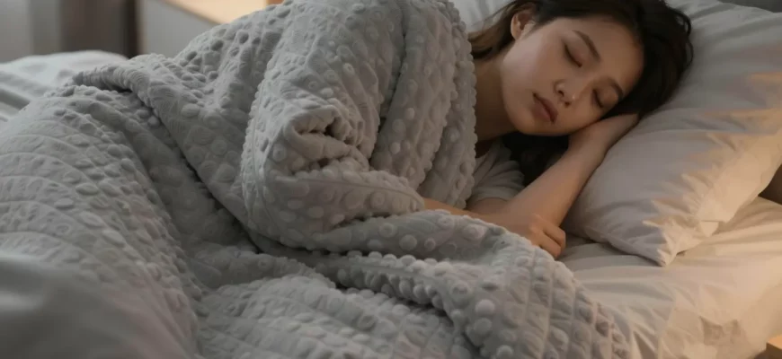 A cozy bedroom scene with a person sleeping peacefully under a weighted blanket. The blanket is a soft, textured gray. Soft, warm lighting. Focus on the comfort and relaxation the blanket provides.