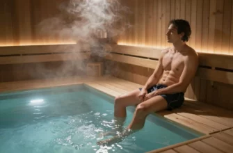 A person sitting in a sauna, with steam rising around them, looking relaxed. Next to them, a cold plunge pool is visible, filled with clear, icy water. The scene should convey a sense of contrast between the heat of the sauna and the cold of the plunge pool.
