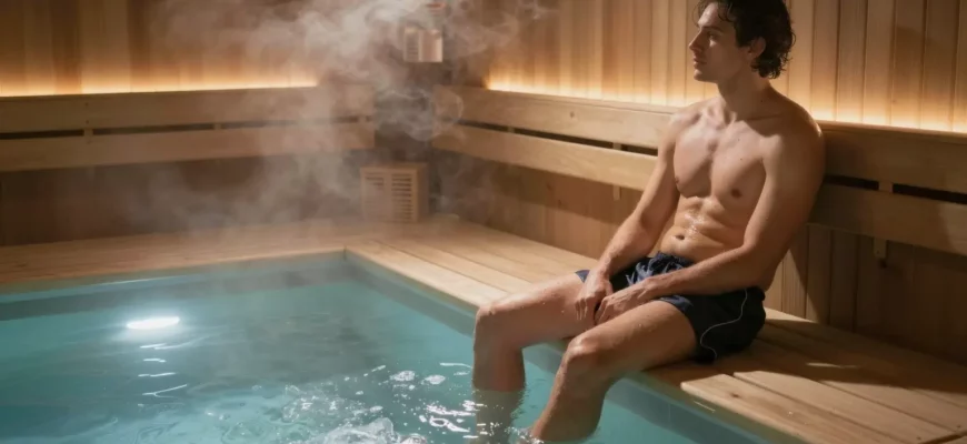 A person sitting in a sauna, with steam rising around them, looking relaxed. Next to them, a cold plunge pool is visible, filled with clear, icy water. The scene should convey a sense of contrast between the heat of the sauna and the cold of the plunge pool.