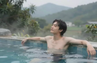 A person standing in a plunge pool with cold water, surrounded by a serene outdoor setting with trees and mountains in the background. The person looks relaxed and content, with steam rising from the water indicating the cold temperature.