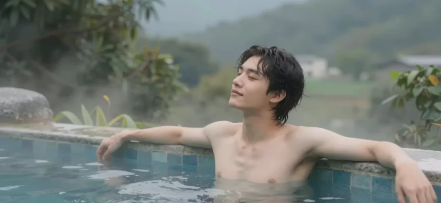 A person standing in a plunge pool with cold water, surrounded by a serene outdoor setting with trees and mountains in the background. The person looks relaxed and content, with steam rising from the water indicating the cold temperature.