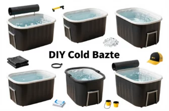 A step-by-step guide to building a DIY cold plunge or ice bath. The image should show various stages of construction, including selecting a suitable container, insulating the container, adding ice and water, and ensuring safety measures. The scene should depict a backyard or outdoor setting with necessary tools and materials like a large tub, insulation materials, ice, and safety equipment. The image should convey a practical and informative approach to creating a cold plunge at home.