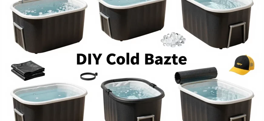 A step-by-step guide to building a DIY cold plunge or ice bath. The image should show various stages of construction, including selecting a suitable container, insulating the container, adding ice and water, and ensuring safety measures. The scene should depict a backyard or outdoor setting with necessary tools and materials like a large tub, insulation materials, ice, and safety equipment. The image should convey a practical and informative approach to creating a cold plunge at home.