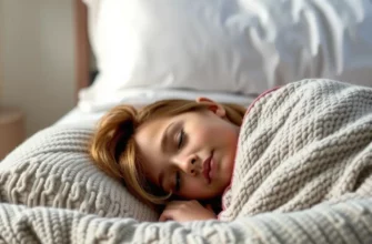 A cozy bedroom scene with a person sleeping peacefully under a weighted blanket. Soft lighting, comfortable bed, and calming atmosphere. Focus on the texture of the blanket and the person's relaxed posture.