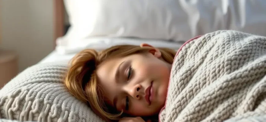 A cozy bedroom scene with a person sleeping peacefully under a weighted blanket. Soft lighting, comfortable bed, and calming atmosphere. Focus on the texture of the blanket and the person's relaxed posture.
