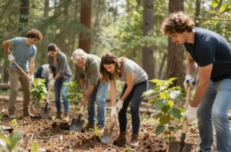 A diverse group of people working together to plant trees in a forest. Some are using shovels, others are carrying saplings. Sunlight filters through the leaves. Focus on teamwork and environmental restoration.