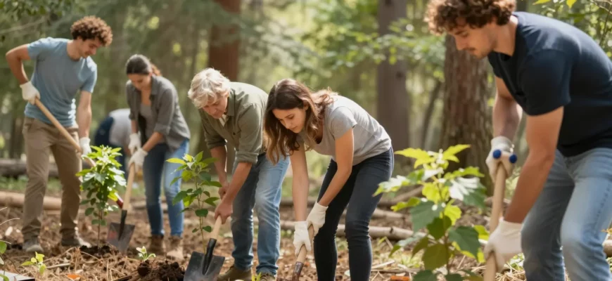 A diverse group of people working together to plant trees in a forest. Some are using shovels, others are carrying saplings. Sunlight filters through the leaves. Focus on teamwork and environmental restoration.