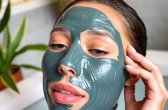 A person wearing the Ole Henriksen Cold Plunge Mask, showcasing the mask's application on the face. The person should be in a spa-like setting with a serene background, possibly including elements like a cold plunge tub, plants, and soft lighting to emphasize relaxation and skincare.