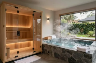 A modern, spacious Airbnb interior featuring a sleek wooden sauna with glass doors, a stone cold plunge pool beside it with steam rising, soft ambient lighting, plush towels, and a view of a tranquil outdoor garden through large windows, creating a relaxing wellness retreat atmosphere