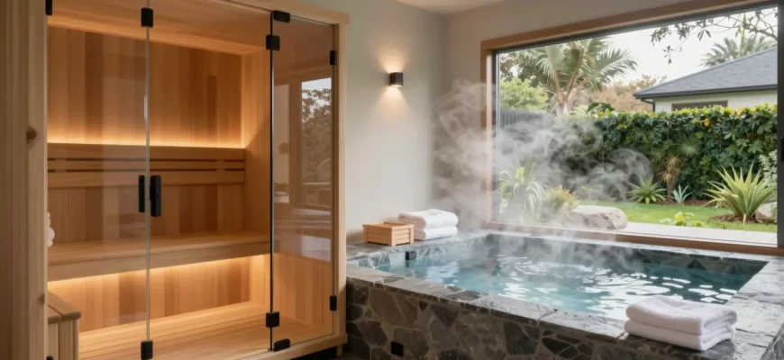A modern, spacious Airbnb interior featuring a sleek wooden sauna with glass doors, a stone cold plunge pool beside it with steam rising, soft ambient lighting, plush towels, and a view of a tranquil outdoor garden through large windows, creating a relaxing wellness retreat atmosphere