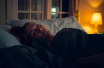 A person lying on a bed covered with a weighted blanket, appearing calm and relaxed. The room is softly lit with warm, dim lighting, creating a cozy and soothing atmosphere. The person's facial expression is serene, and the blanket is neatly spread over them, emphasizing the sense of comfort and security.