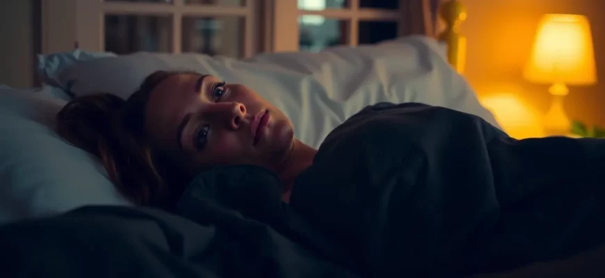 A person lying on a bed covered with a weighted blanket, appearing calm and relaxed. The room is softly lit with warm, dim lighting, creating a cozy and soothing atmosphere. The person's facial expression is serene, and the blanket is neatly spread over them, emphasizing the sense of comfort and security.