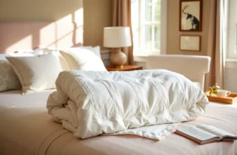 A warm, inviting bedroom scene featuring a neatly folded, soft cotton weighted blanket draped over the foot of a neatly made bed with plush pillows; natural light streams through a window, highlighting the blanket's texture and weight; a small decorative tray with a cup of tea and a book lies nearby, suggesting comfort and relaxation; the overall mood is cozy and serene, emphasizing the quality and comfort of a cotton weighted blanket.