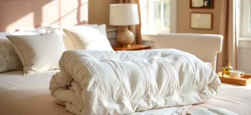A warm, inviting bedroom scene featuring a neatly folded, soft cotton weighted blanket draped over the foot of a neatly made bed with plush pillows; natural light streams through a window, highlighting the blanket's texture and weight; a small decorative tray with a cup of tea and a book lies nearby, suggesting comfort and relaxation; the overall mood is cozy and serene, emphasizing the quality and comfort of a cotton weighted blanket.