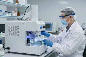 A modern, clean laboratory setting with a scientist in protective gear operating a UV light and ozone system for water purification. The system should be prominently displayed with clear, high-quality components. The scientist is focused on the equipment, with a background of laboratory instruments and a water sample being treated. The scene should convey precision and advanced technology.