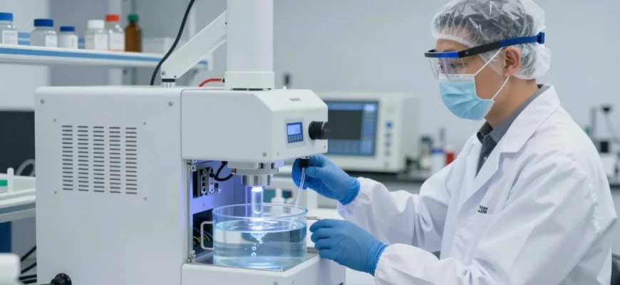 A modern, clean laboratory setting with a scientist in protective gear operating a UV light and ozone system for water purification. The system should be prominently displayed with clear, high-quality components. The scientist is focused on the equipment, with a background of laboratory instruments and a water sample being treated. The scene should convey precision and advanced technology.