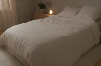 A cozy bedroom scene featuring a person sleeping peacefully under a YnM weighted blanket. The room is softly lit with warm colors, suggesting comfort and relaxation. Include a nightstand with a lamp and a few books. Focus on the texture of the blanket and the overall feeling of tranquility.