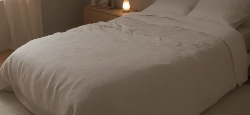A cozy bedroom scene featuring a person sleeping peacefully under a YnM weighted blanket. The room is softly lit with warm colors, suggesting comfort and relaxation. Include a nightstand with a lamp and a few books. Focus on the texture of the blanket and the overall feeling of tranquility.