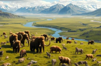 A vast, open landscape depicting a diverse herd of woolly mammoths grazing alongside giant ground sloths and saber-toothed cats in a lush, prehistoric environment. Include a winding river and snow-capped mountains in the background. The scene should evoke a sense of ancient wilderness and ecological balance.
