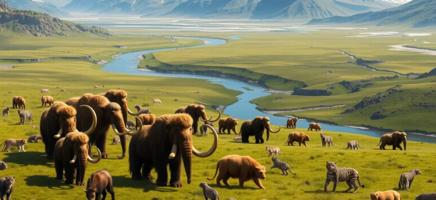 A vast, open landscape depicting a diverse herd of woolly mammoths grazing alongside giant ground sloths and saber-toothed cats in a lush, prehistoric environment. Include a winding river and snow-capped mountains in the background. The scene should evoke a sense of ancient wilderness and ecological balance.