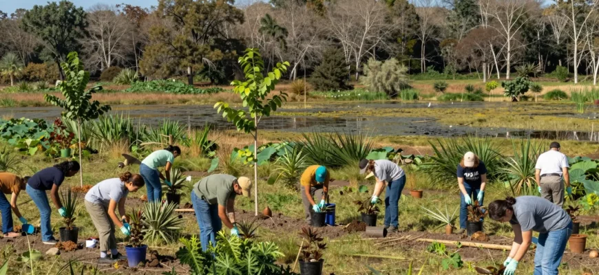 A vibrant and lush landscape showcasing various stages of nature restoration. In the foreground, a diverse array of native plants and young trees being planted by volunteers. The midground features a thriving wetland with birds and other wildlife returning to the area. The background displays a restored forest with mature trees and a clear blue sky. The scene is bustling with activity, highlighting the collaborative effort of people working together to restore the natural ecosystem.