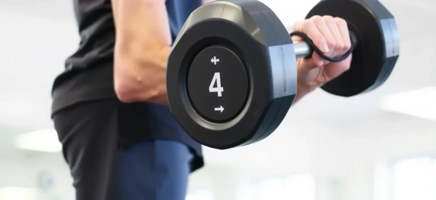 A person lifting a 4-pound weight, demonstrating proper form. The background is a clean, brightly lit gym setting. Focus on the muscles being engaged during the lift.