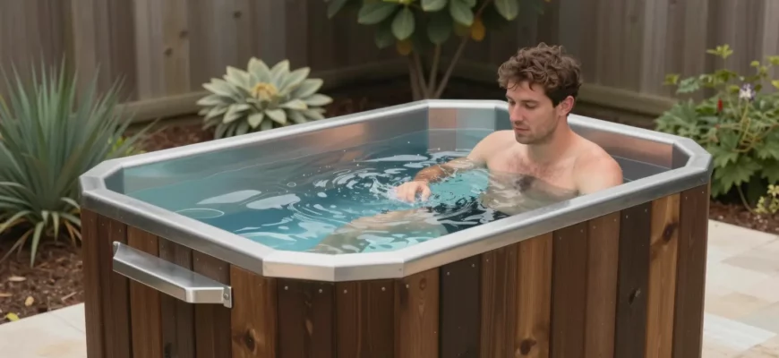 A professional cold plunge pool installation in a backyard in Allen, TX. The pool is made of dark wood and has a stainless steel finish. There are plants and greenery surrounding the pool, and a person is preparing to use the cold plunge. The scene is well-lit and shows the pool in its finished state.