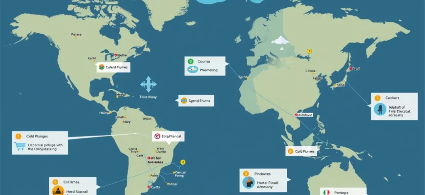 A detailed map of the world highlighting locations of cold plunges. The map should show various types of cold plunges, including natural ice holes, man-made pools, and other facilities. Include icons representing different types of cold plunges (e.g., ice bath, hot tub, etc.). The map should be visually appealing and informative, with clear labeling of locations.