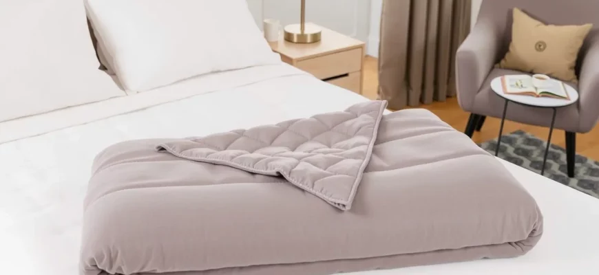 A cozy bedroom scene with a neatly made bed featuring a high-quality weighted blanket in a neutral color, such as gray or beige. The blanket should be folded at the foot of the bed, showcasing its texture and weight. The room should have soft lighting, a comfortable chair, and a small side table with a book and a cup of tea, creating a relaxing atmosphere.