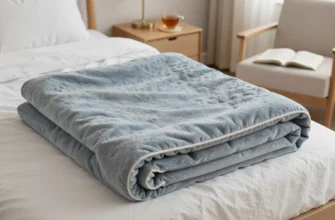 A cozy bedroom scene with a neatly made bed featuring a Walmart weighted blanket in a calming color, such as blue or gray. The blanket should be folded at the foot of the bed, showcasing its texture and weight. The room should have soft lighting, a comfortable chair, and a small side table with a book and a cup of tea, creating a relaxing atmosphere.