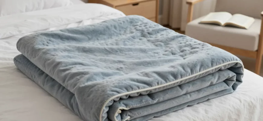 A cozy bedroom scene with a neatly made bed featuring a Walmart weighted blanket in a calming color, such as blue or gray. The blanket should be folded at the foot of the bed, showcasing its texture and weight. The room should have soft lighting, a comfortable chair, and a small side table with a book and a cup of tea, creating a relaxing atmosphere.